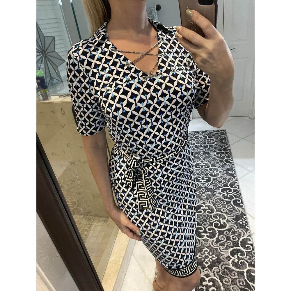 WHBM Geo Print Black Blue White Sheath Dress S Chain Lace Up Greek Key